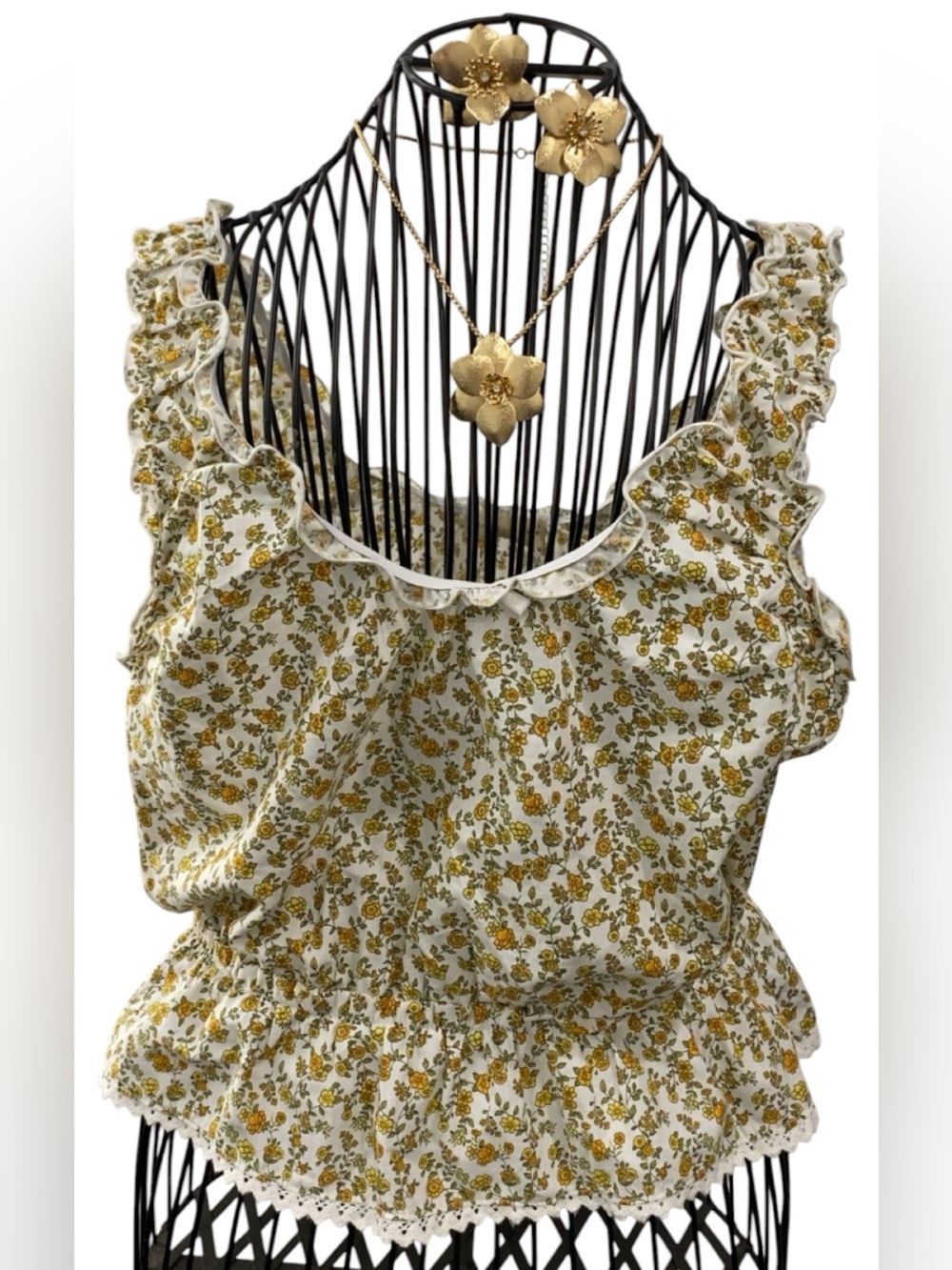 Floral Ruffle Sleeveless Top - White & Mustard